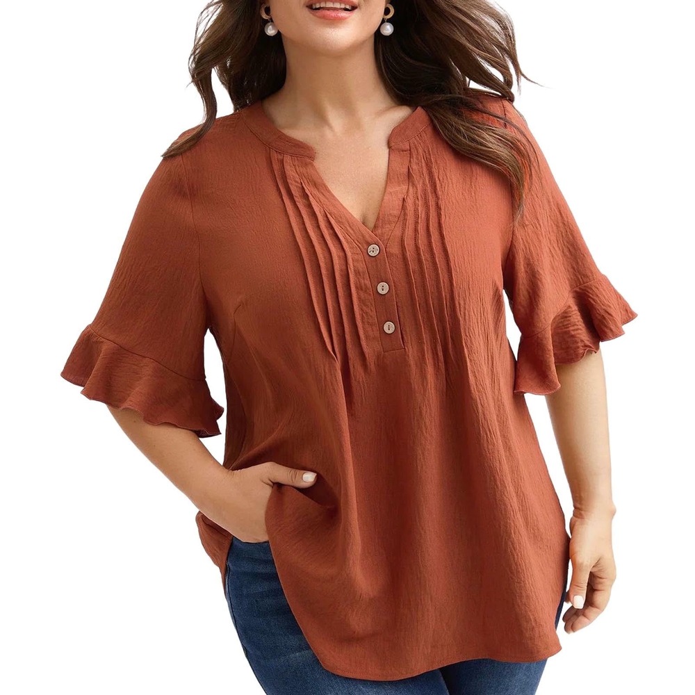 BloomChic Rust Orange Pleated Henley Blouse Ruffle Sleeve